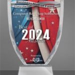 Award trophy displaying "Best of 2024" for Computer Recycling Solutions, decorated with red, white, and blue colors, signifying achievement and recognition.
